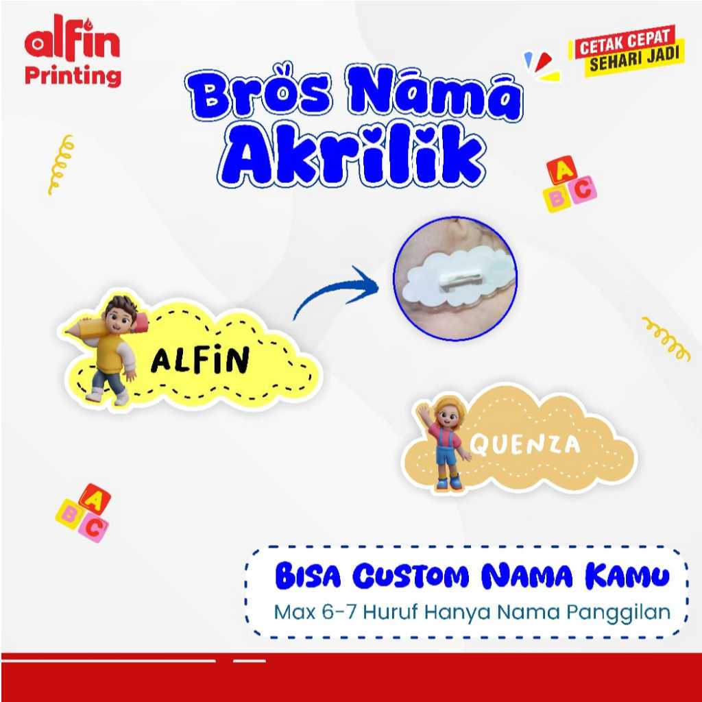 PIN / BROS AKRILIK NAMA ANAK CUSTOM / MURAH / PIN PENITI SEKOLAH / MAGNET PENITI SEKOLAH