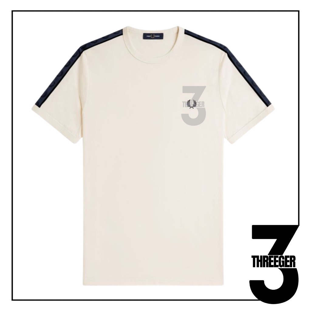 Fred Perry Blue Contrast Taped Ringer Tee Ecru Original / Kaos Fred Perry Original