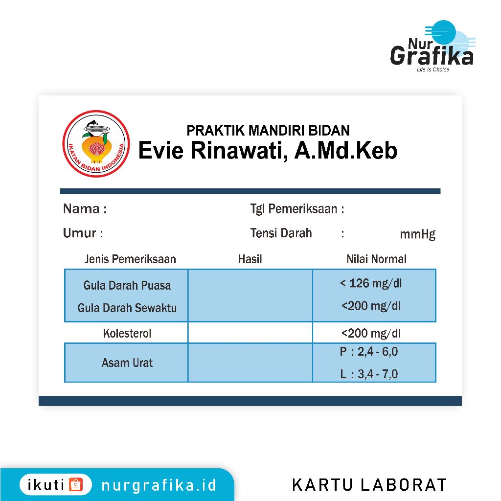 

( 1Pack Isi 40Pcs ) Kartu Laborat / Cek Gula Darah