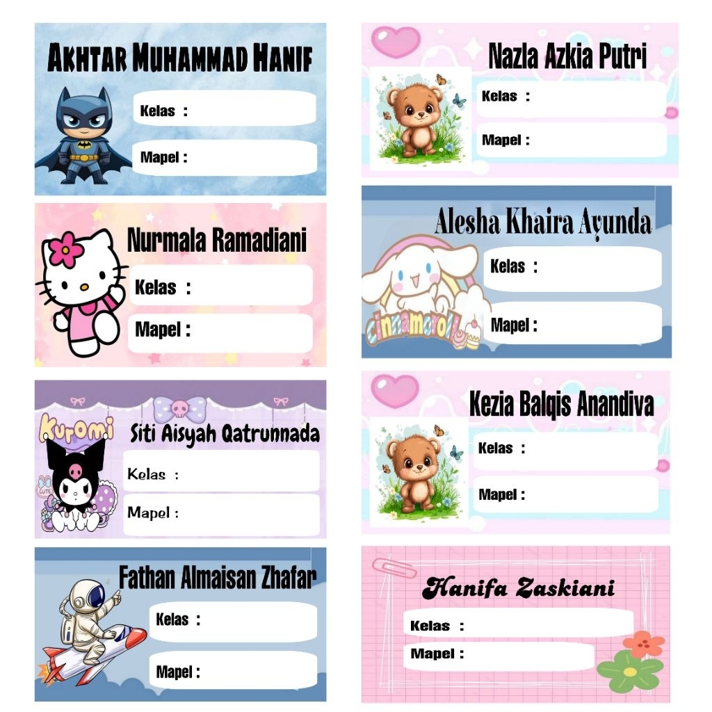 

isi 21pc stiker nama untuk buku pelajaran bebas request tema