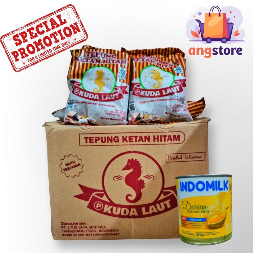 

(PROMO BELI 5 GRATIS +1 INDOMILK DURIAN MUSANG KING 370gr)Tepung Ketan hitam kuda laut, berat bersih 250gr.Exp 16-06-27
