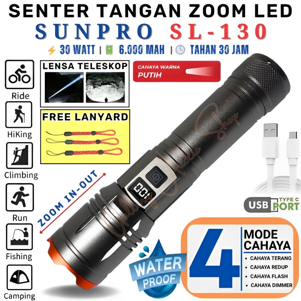 Sunpro Senter Tangan Zoom Led Cahaya Super Terang 30 Watt Tahan Hingga 30 Jam SUNPRO SL-130 30W/SL-1