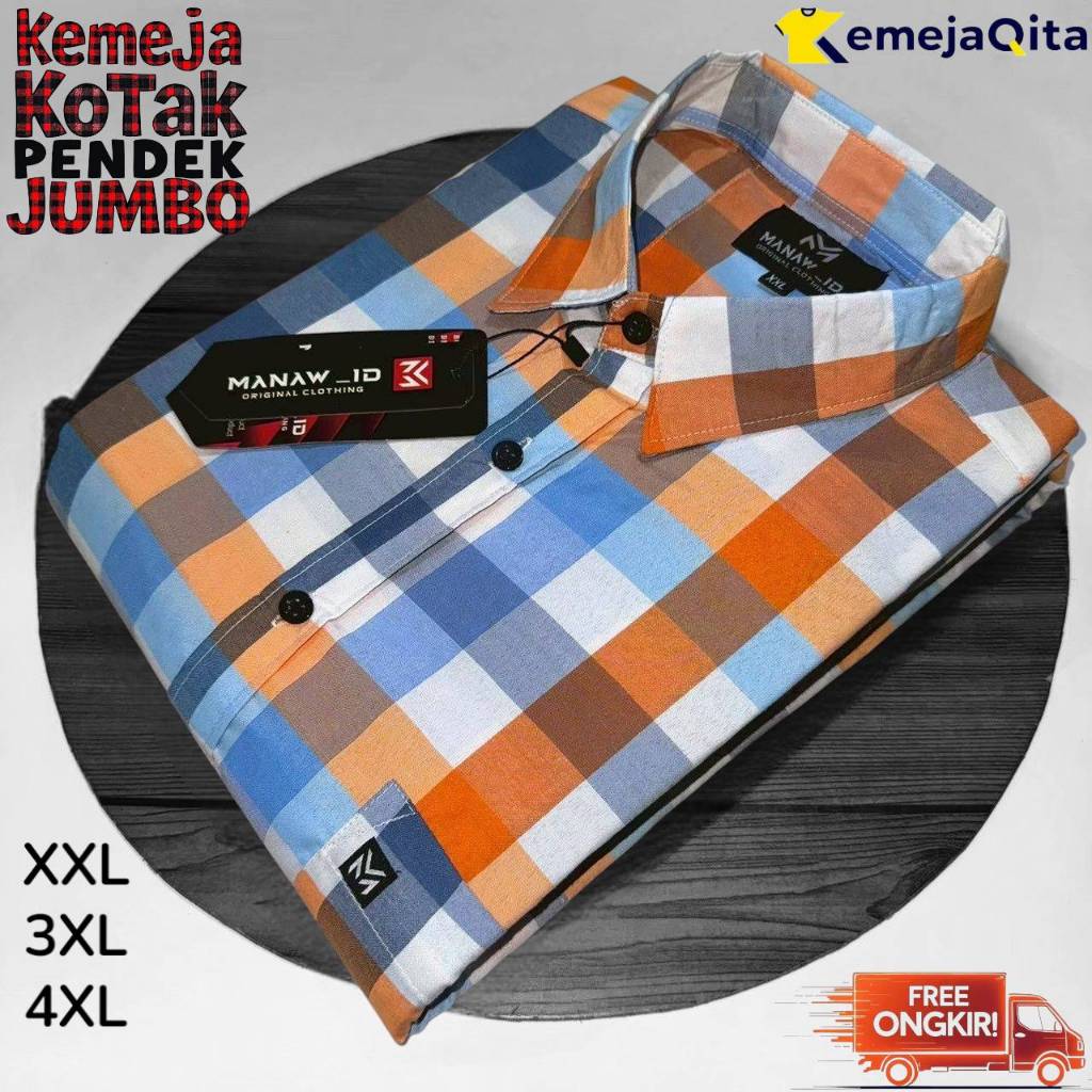 MURAH BANGET Kemeja Pria Katun Lengan Pendek Motif Garis Kotak Big Jumbo Oversize Adem Nyaman Murah