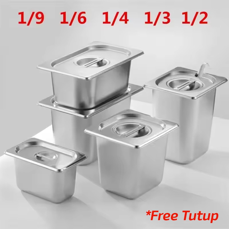Food Pan Satu Set Dengan Tutup Food Box Kontainer Stainless Wadah Tempat Bumbu Prasmanan 1/1 1/2 1/3