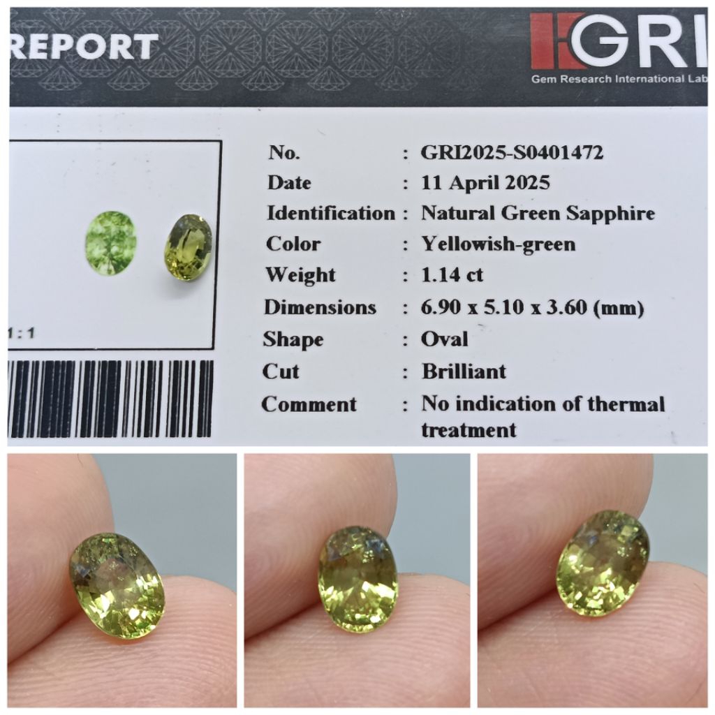 Natural Green sapphire 1,14ct memo GRI est.Safir SriLanka