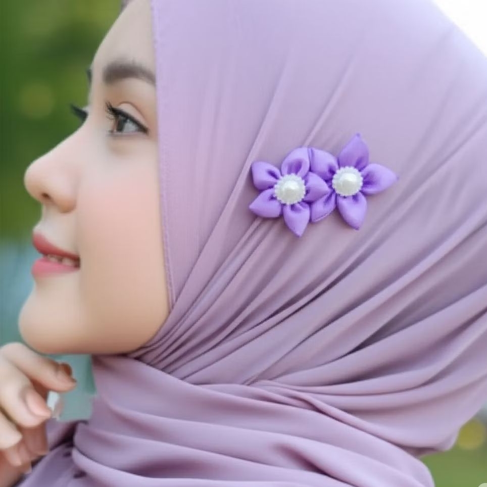 Bros Bunga Kain Satin Ungu Elegan Aksesoris Hijab & Jilbab Handmade