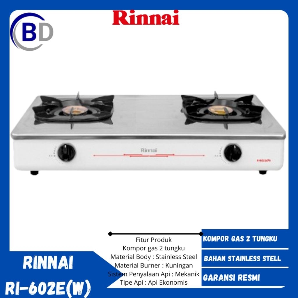 Rinnai 602E W Kompor Gas - Putih [2 Tungku] Kompor Gas Bisa Bukaan Atas/ Kompor Stainless 2 Tungku