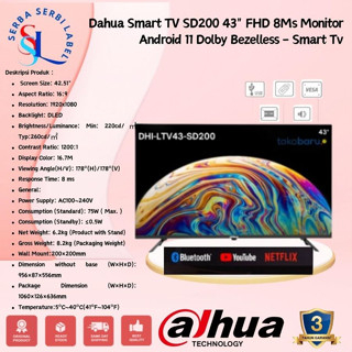 DAHUA SMART TV ANDROID SD400 43"UHD 4K DOLBY ULTRA|Dahua Smart TV SD200 43" FHD 8Ms Monitor Android