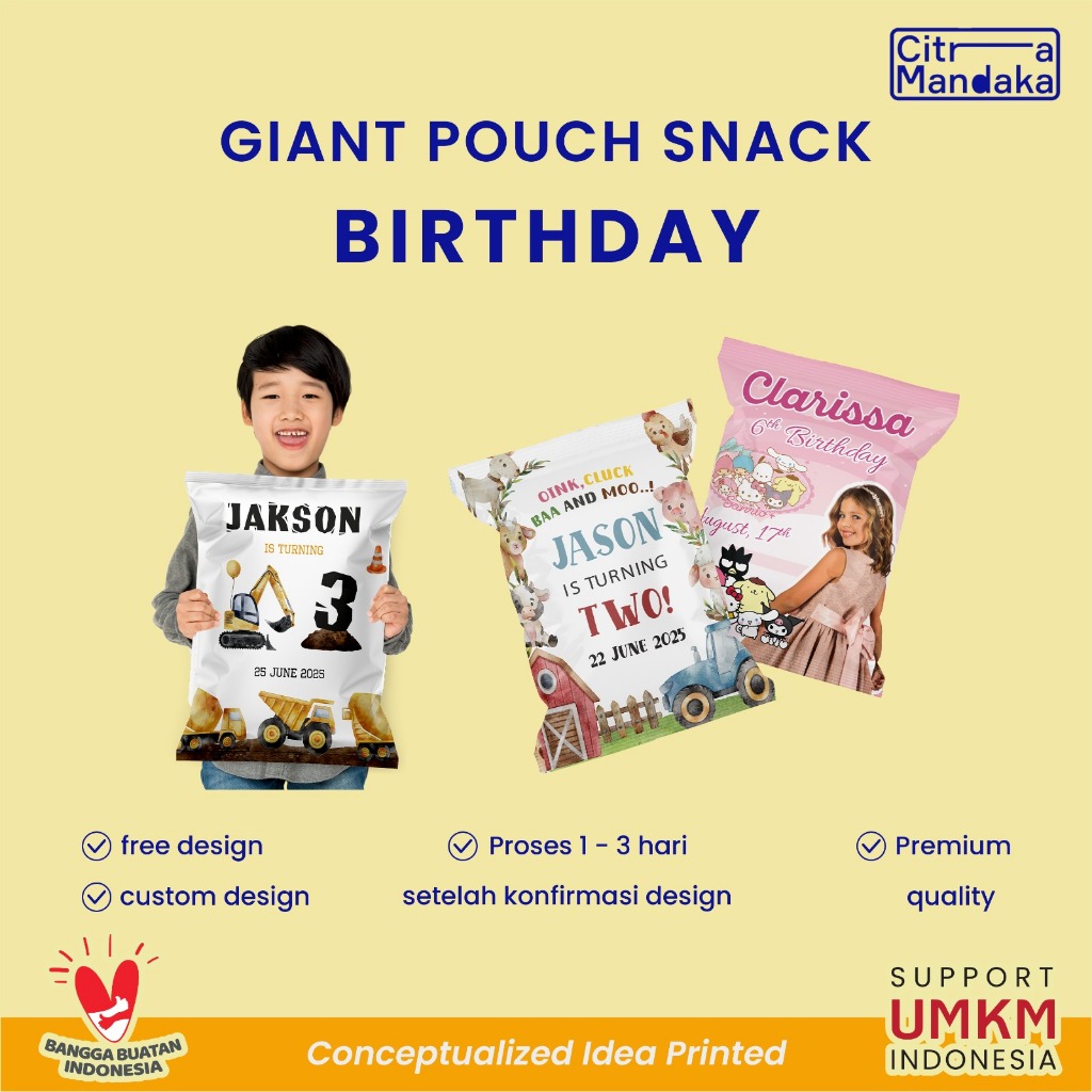 

Pouch Snack Ulang Tahun Custom Kantong Bingkisan Souvenir Goodie Bag Ultah Giant Snack Pouch Hampers Jumbo Birthday Anak