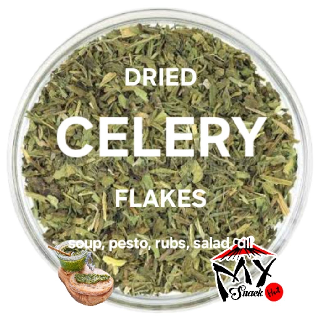 

DRIED CELERY FLAKES 100GR DAUN SELEDRI KERING HERB LEAVES BUMBU DAPUR MASAK SEA SALT GARLIC BREAD SUP