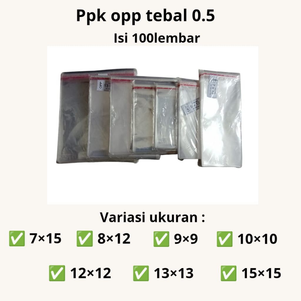 Plastik Opp Snack, Roti, Aksesoris dll Isi 100 Ukuran 9x9, 10x10, 8x12, 12x12, 7x15, 15x15, 13x13 Te