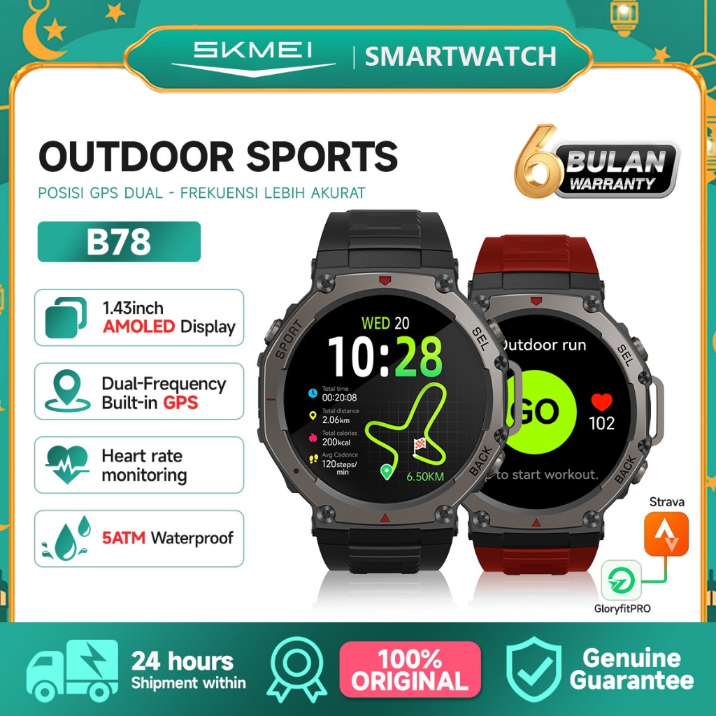 SKMEI B78 Smartwatch GPS Tracker Support Strava Smartwatch Skmei Pria 5ATM Waterproof/ Layar sentuh
