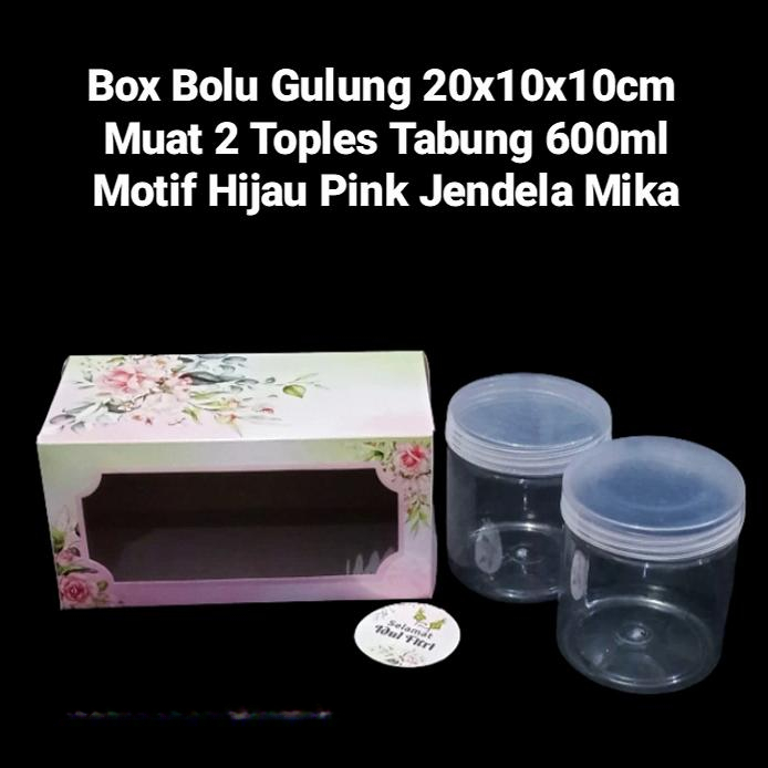 

Box Bolu Gulung Box Hampers Parcel Motif Hijau Pink Muat 2 Toples Tabung 600ml Size 20x10x10cm