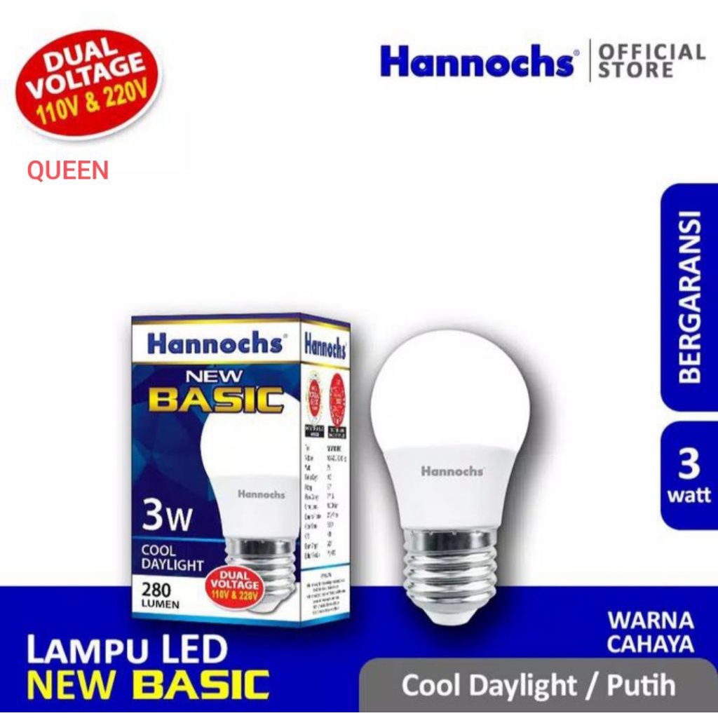 LAMPU LED HANNOCHS NEW BASIC 3WATT BULB BOHLAM CAHAYA PUTIH SNI