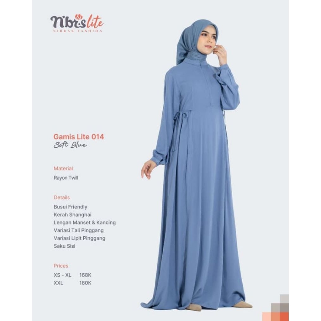 Gamis Nibras Lite 014 Warna Biru Muda Soft Blue Bahan Rayon Twill Adem Baju Muslimah Cantik Branded 