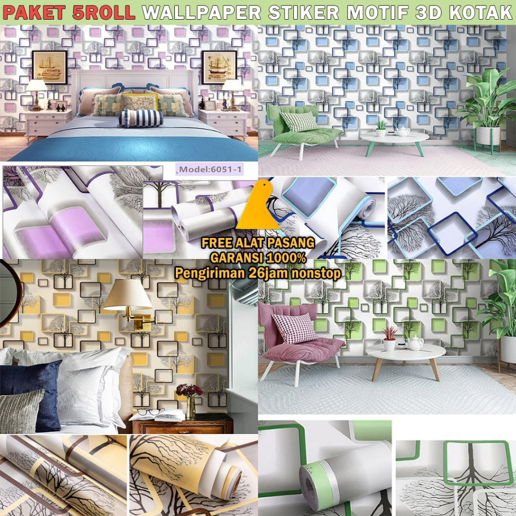 Terlaris Paket 5 Roll - Wallpaper Stiker Dinding Kamar Tidur Motif Kotak 3D Promo Wallpaper Cod