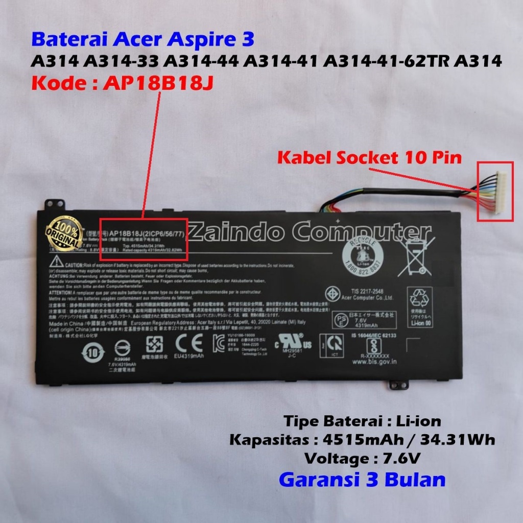 BATERAI LAPTOP ACER ASPIRE 3 A314 A314-33 A314-44 A314-41 A314-41-62TR A314 AP18B18J
