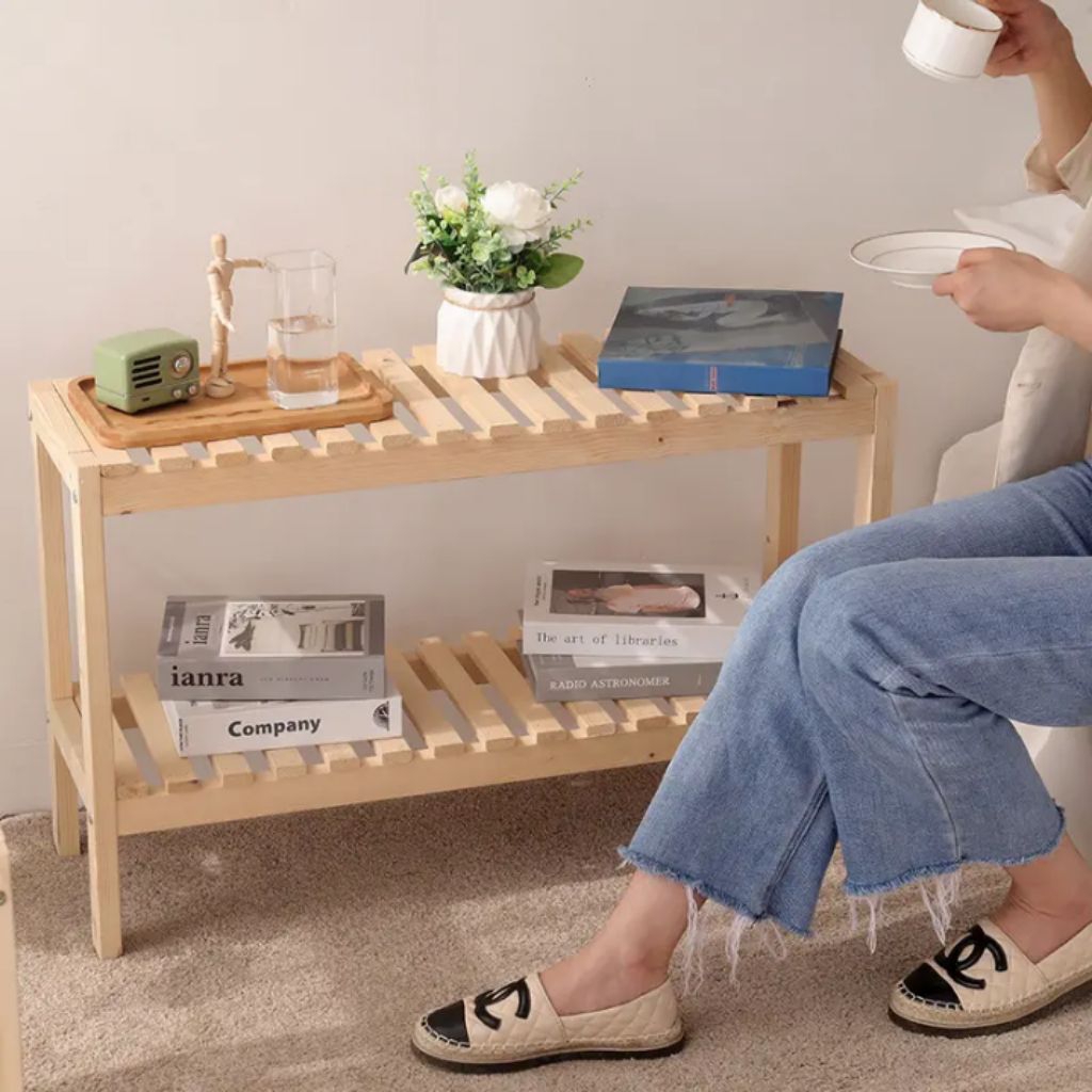 Rak Kayu Serbaguna Aesthetic Rak kayu 2 susun Rak Sepatu 2 Susun Rak Bumbu Dapur Serbaguna