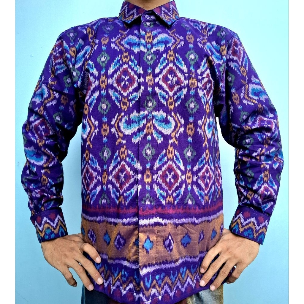[READY] Kemeja Tenun Endek Asli Original ungu - Kemeja Pria Tenun Lengan Panjang - Kemeja Tenun Ende
