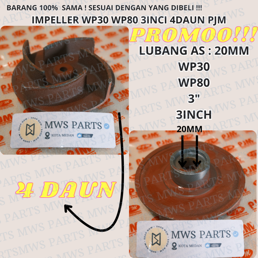 IMPELLER 4DAUN KIPAS KEONG KIPAS POMPA AIR ALKON WP30 WP80 MESIN POMPA AIR WP30 WP80 3IN 3INCI 3" 3I