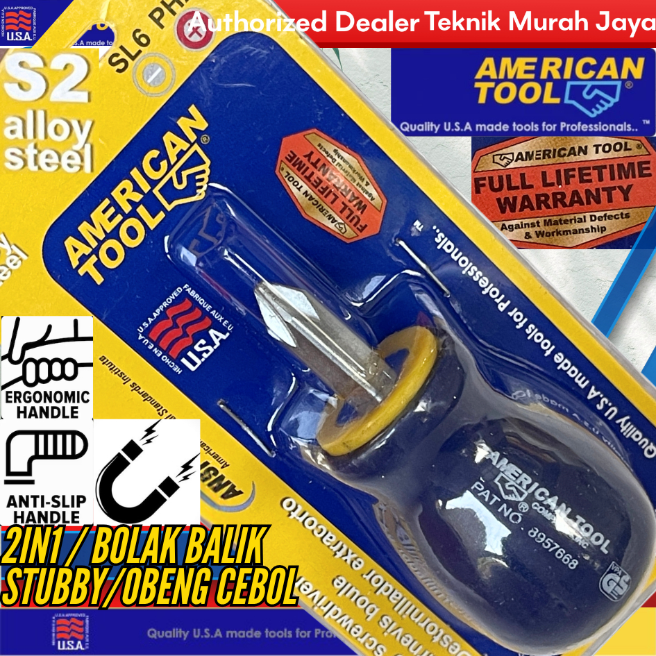AMERICAN TOOL Obeng 2 WAY Bolak Balik +/- Pendek CEBOL Magnetic 1-1/2" X 6MM Stubby ScrewdriverAnti 