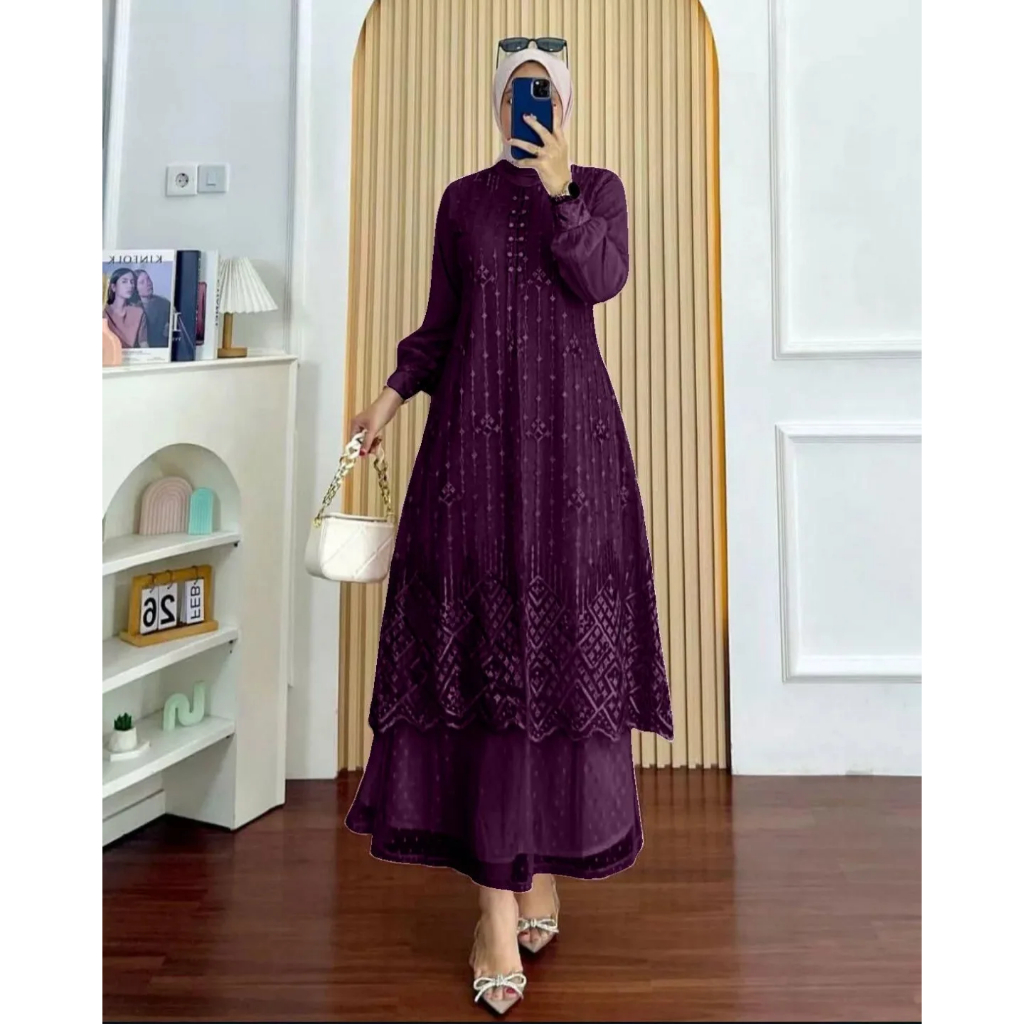 Hijaboutfitbandung Laila Dress Matt Velvet + Brukat Tille Dress Gaun Kondangan Wanita Simple Terbaru