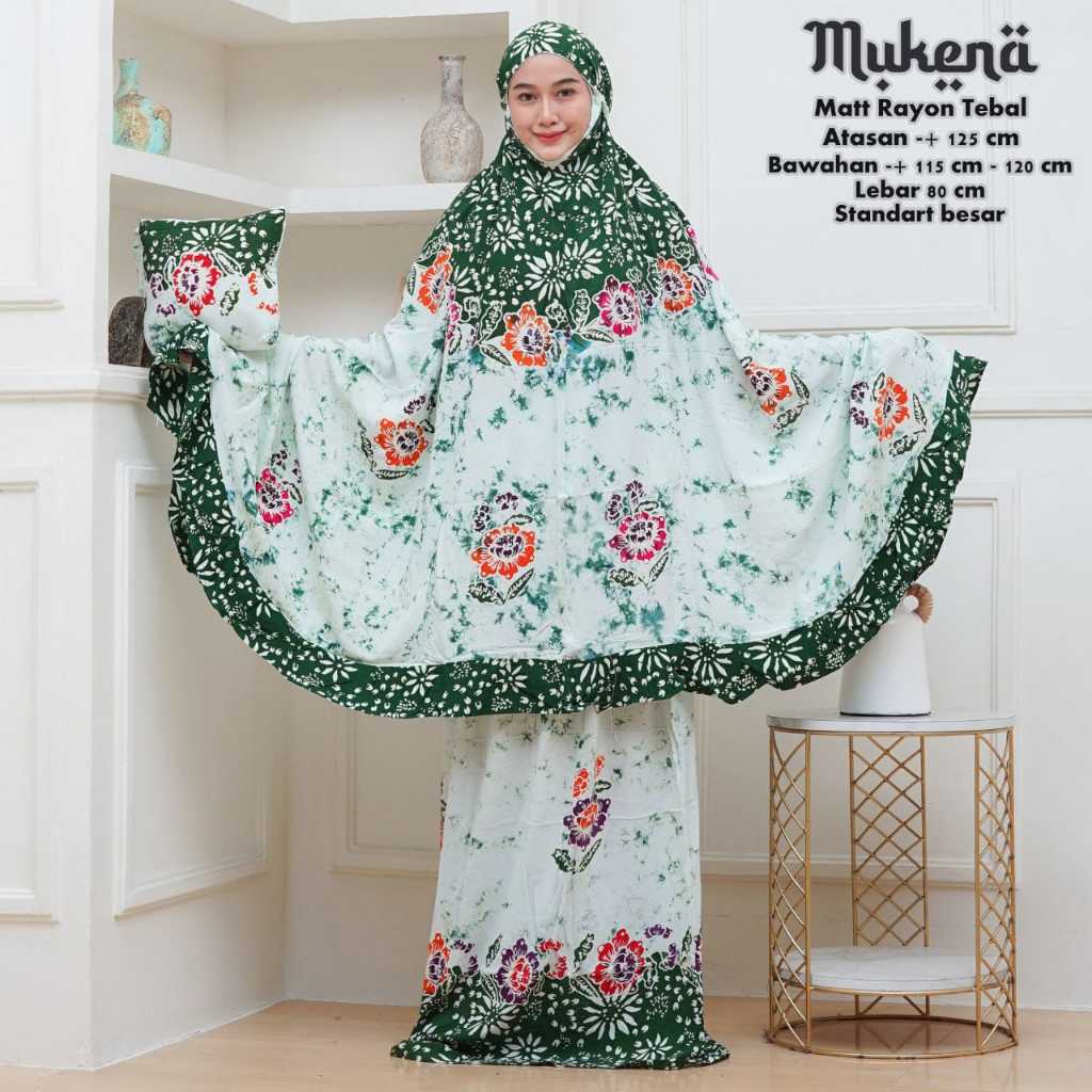 Mukena batik motif bunga warna putih hijau tua - Anggu, Adem, Siap temani ibadahmu