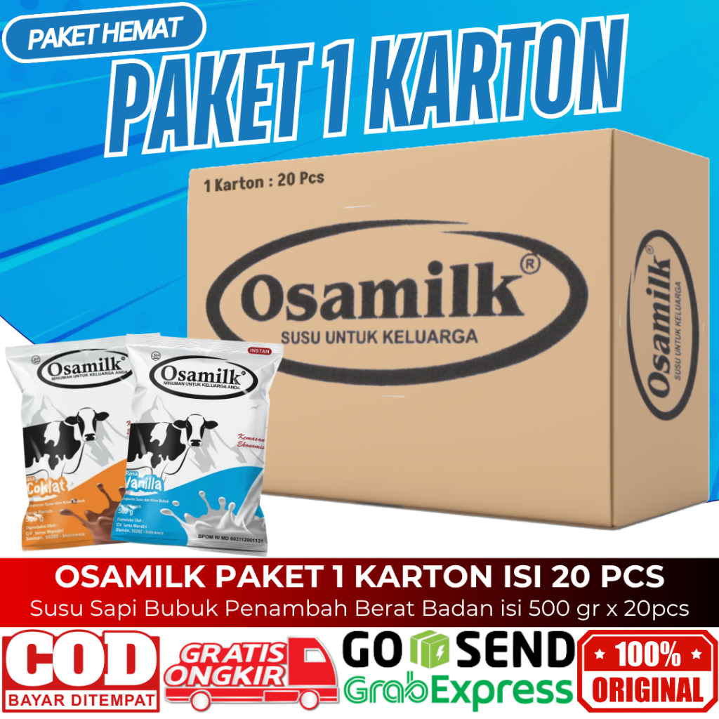 

OSAMILK Paket 1 Karton 500gr 20pcs Susu Penggemuk Rasa Vanila Coklat Susu Penambah Berat Badan Anak