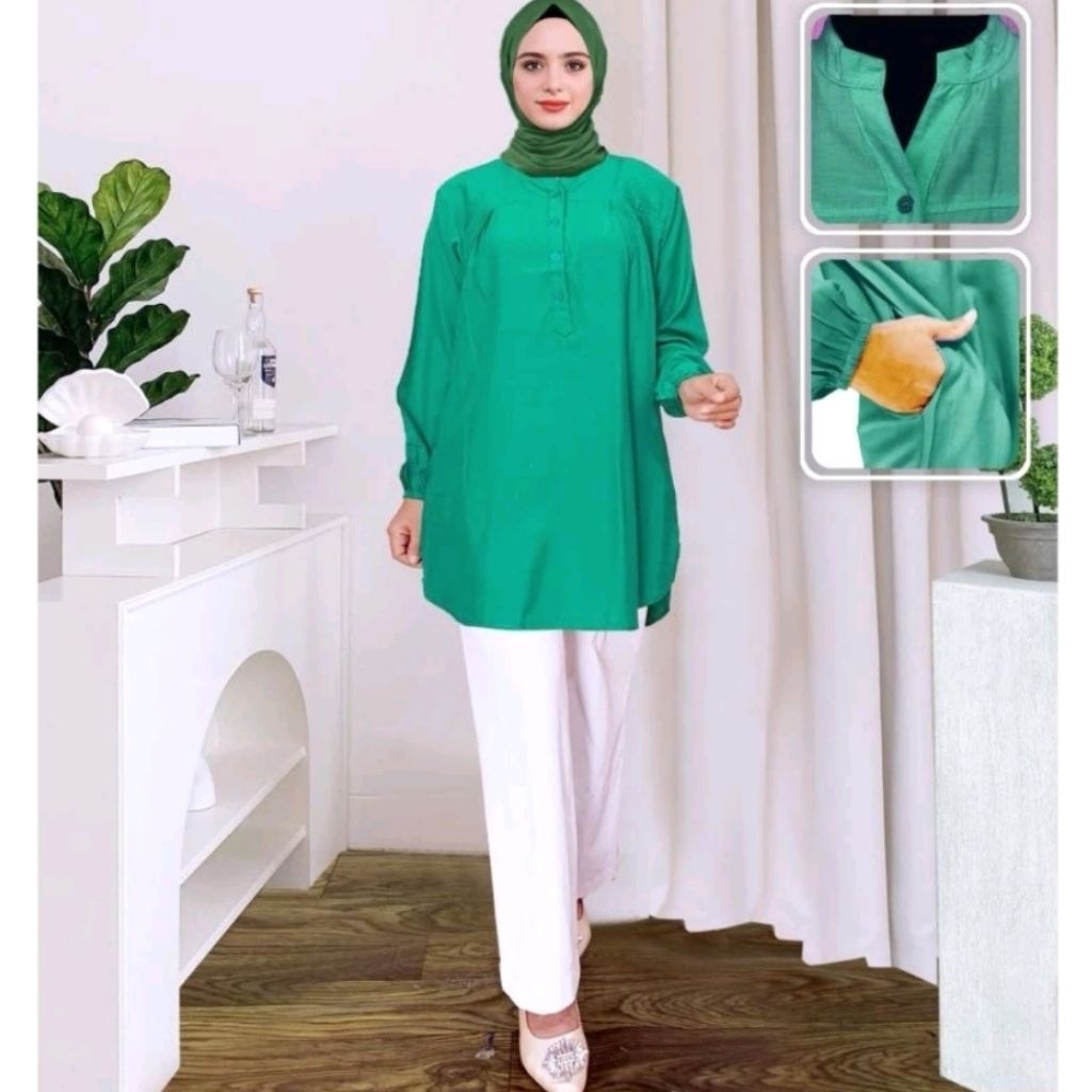 BLUS KATUN VISCOSE WARNA HIJAU DAUN BLOUSE ATASAN WANITA MUSLIM