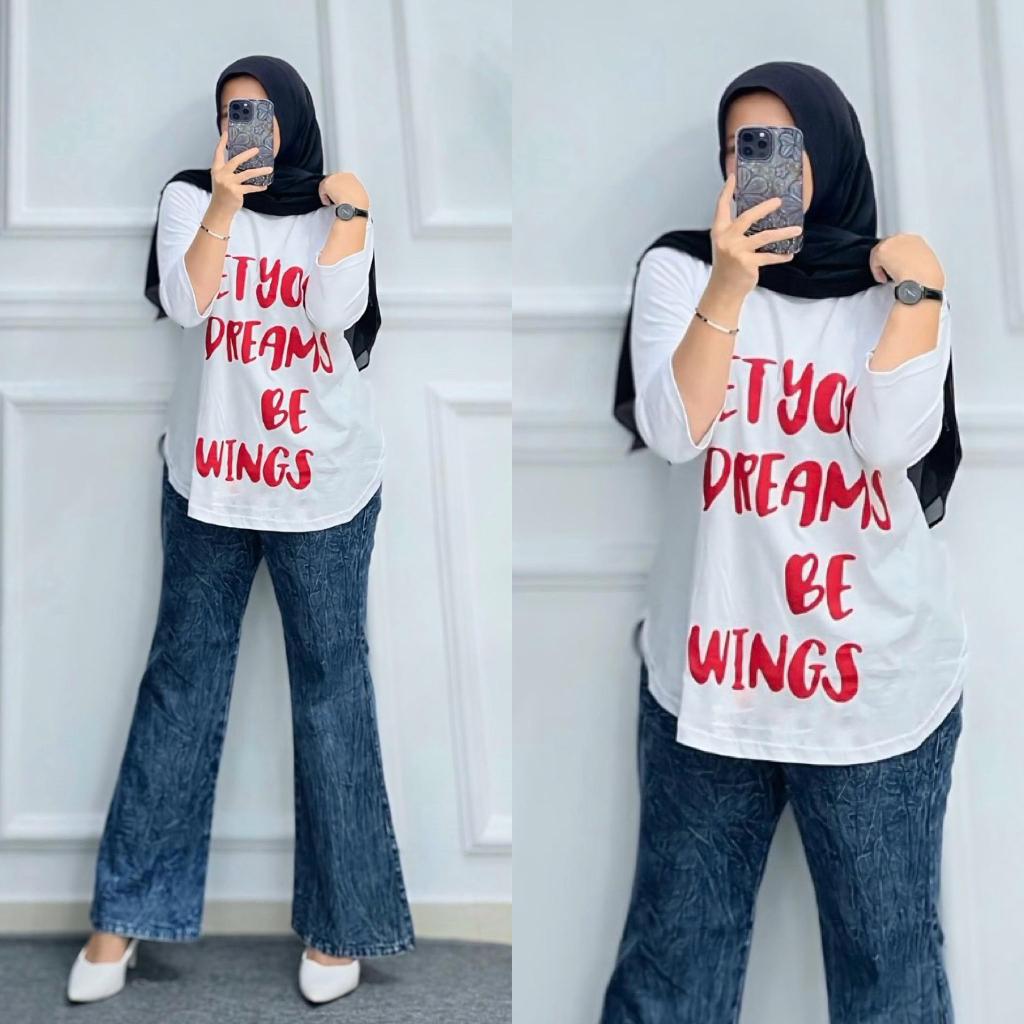 Setelan Wanita Celana Jeans Cutbray Atasan Merah Putih