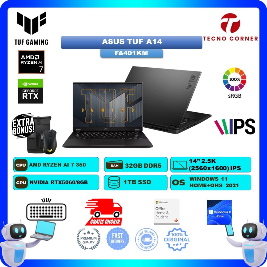 Laptop Gaming Asus Tuf A14 RTX5060 8GB/  FA401KM RYZEN AI 7 350 RAM 32GB SSD 1TB Windows 11 + OHS + 