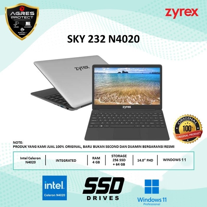 LAPTOP ZYREX SKY 232 Mini N4020 4GB 256SSD+64GB Windows 11 PRO 11.6FHD