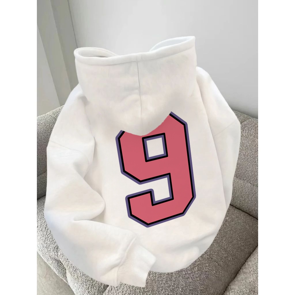 Hoodie Pria | Cetakan angka 9 berwarna merah muda baju club | Hoodie Putih Korean Style Sweater Cowo