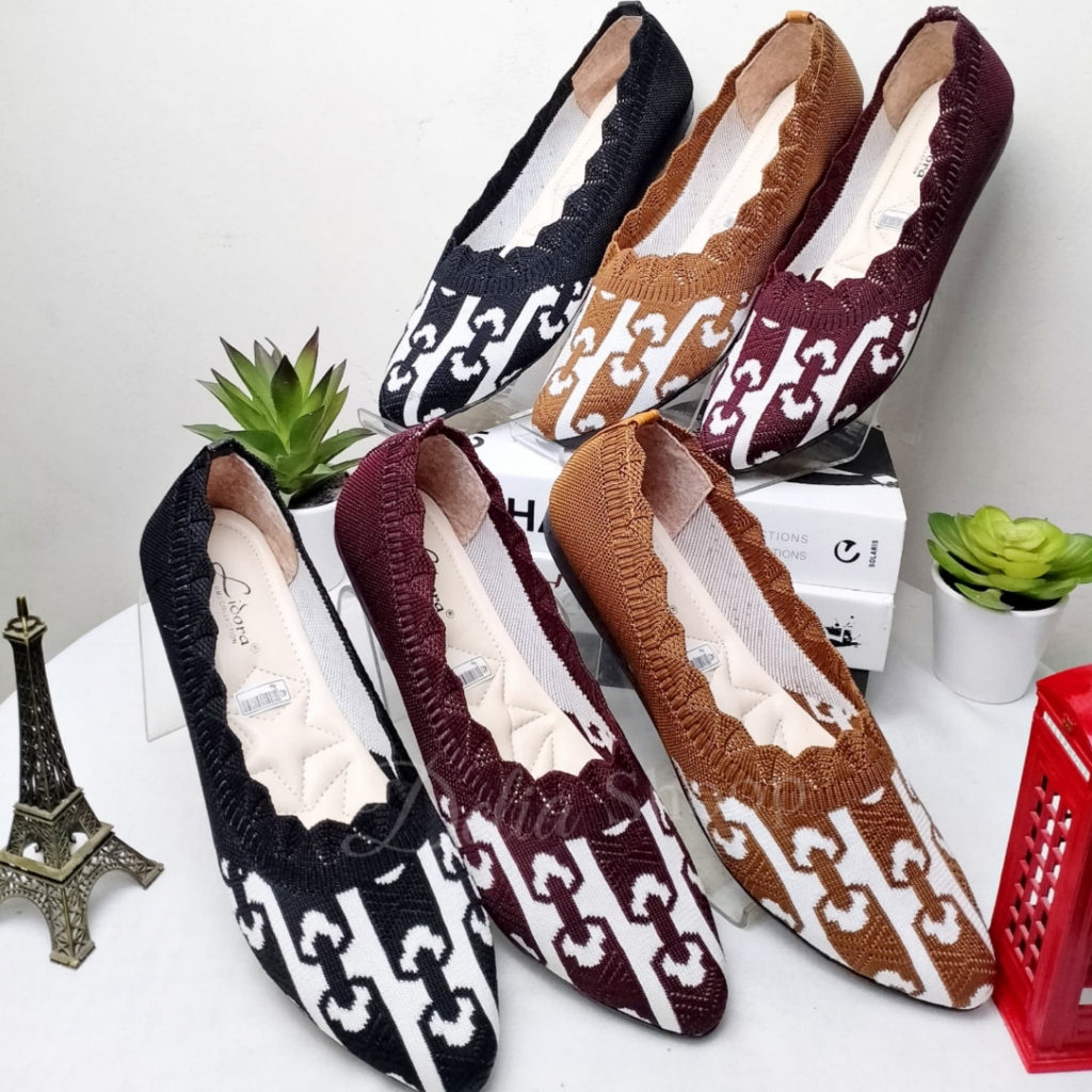 Liodra sepatu wanita balet rajut imfort ringan empuk warna hitam marun tan