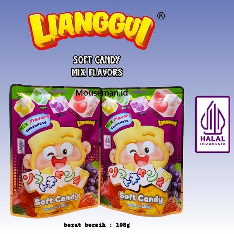 

LIANGGUI Soft Candy Mix Flavors Sweetness Mango Apple Grape Strawberry Permen Lunak Aneka Rasa ( Stroberi, Jeruk, Apel, Mangga, Anggur ) 108gr