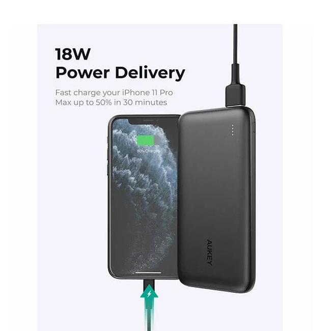 AUKEY Power Bank PB-N73S Basix Slim 10000mAh Ultra-Thin Power Bank with 20W PD (Black)