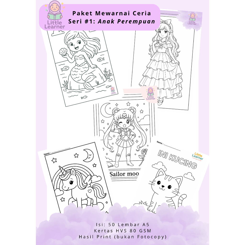 

Little Learner | Worksheet Mewarnai Anak 50 Lembar A5 80 GSM | Tema Anak Perempuan