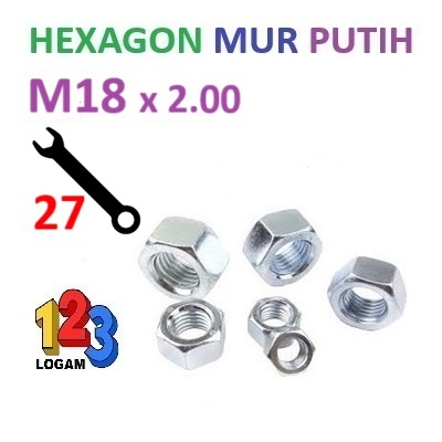 Mur M18 Putih Galvanis Hexagon Besi Kunci Baut 27 Drat P2.00