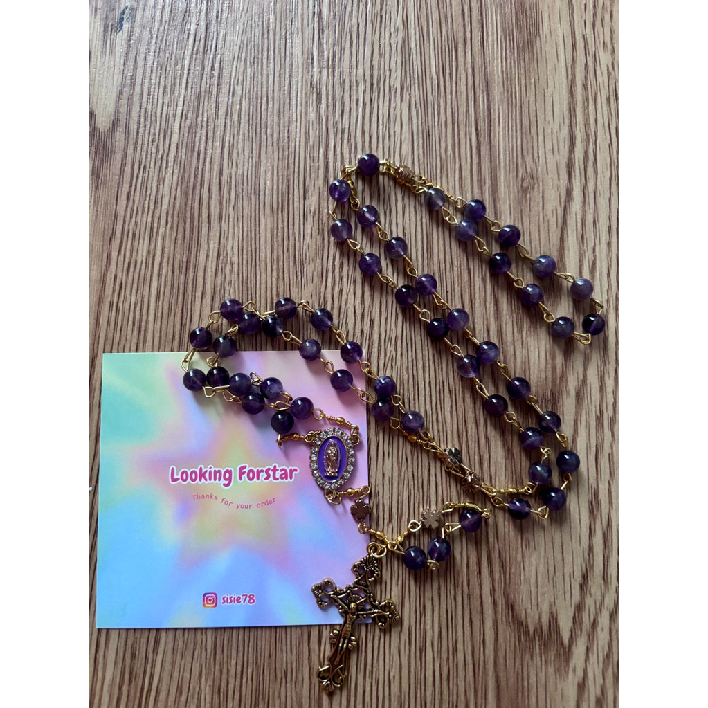 Rosario batu kecubung batu ametys salib warna gold