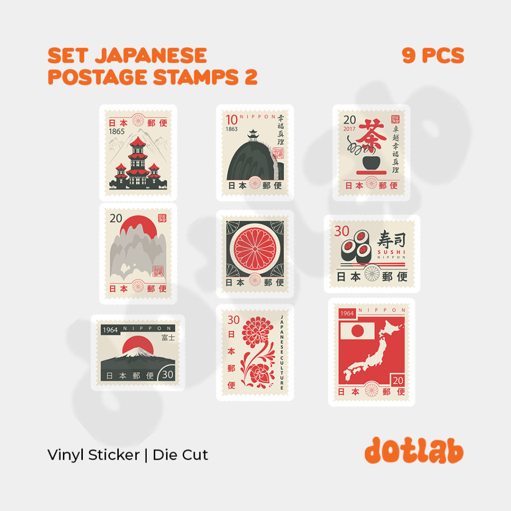 

DOTLAB STICKER PACK SET JAPANESE POSTAGE STAMP 2 (9 PCS) | Sticker Tumbler |Stiker Laptop Koper Helm
