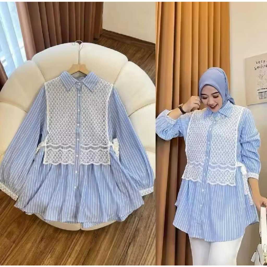 Kemeja blouse mix brokat wanita korea style tangan panjang blus garis premium