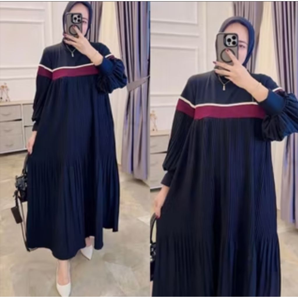 gamis muslim wanita kaos knit rajut import plisket