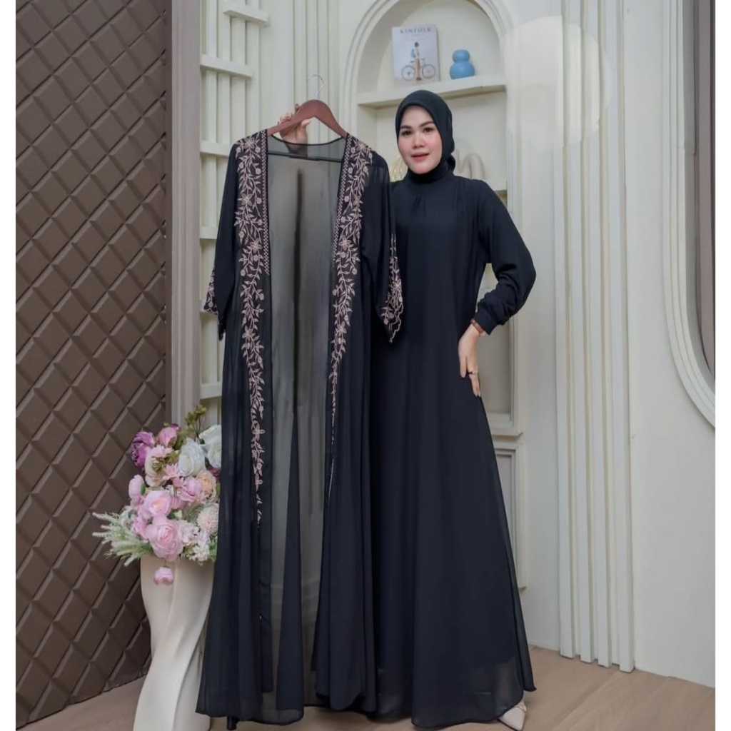 Maghan gamis set cardigan panjang Ceruti Bordir Elegan 2025