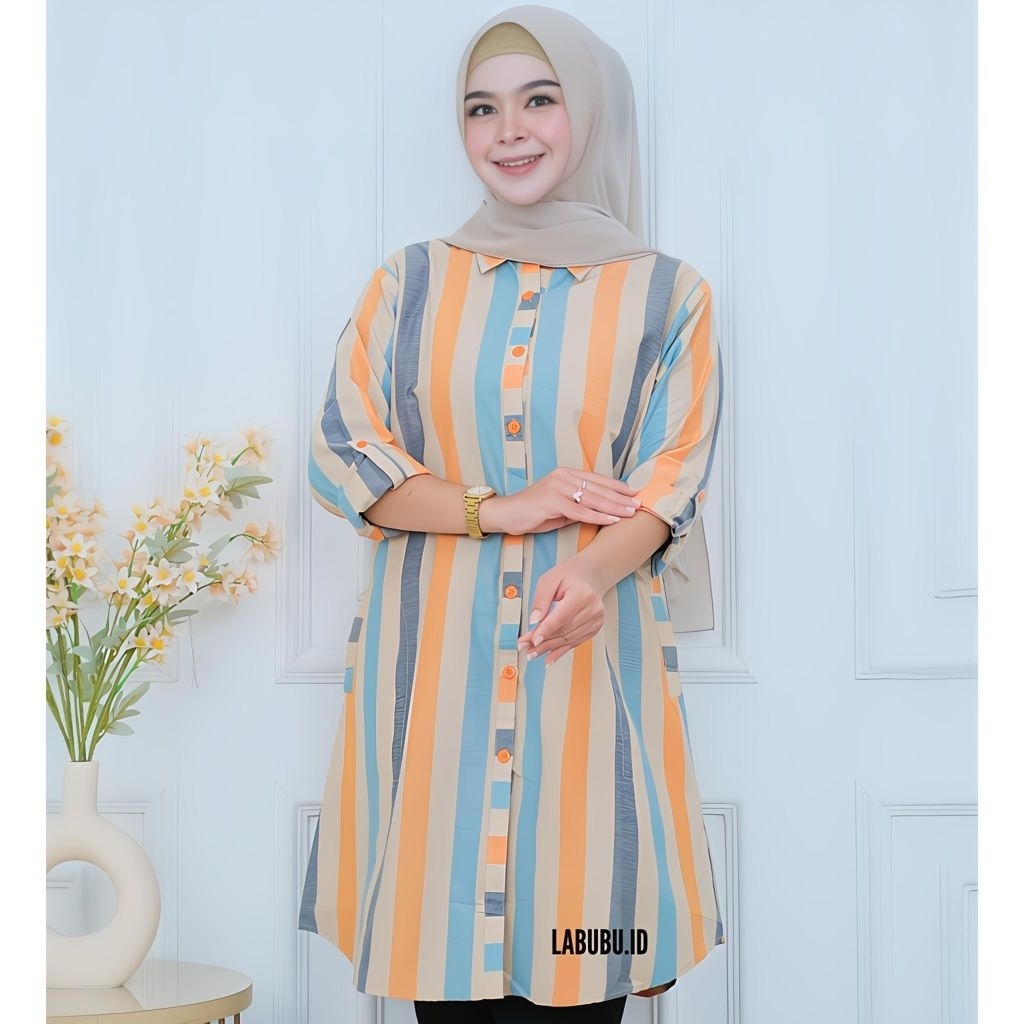 Blus Garis-Garis Wanita/Tunik salur kekinian/Tunik garis terbaru/Tunik pakaian untuk kerja