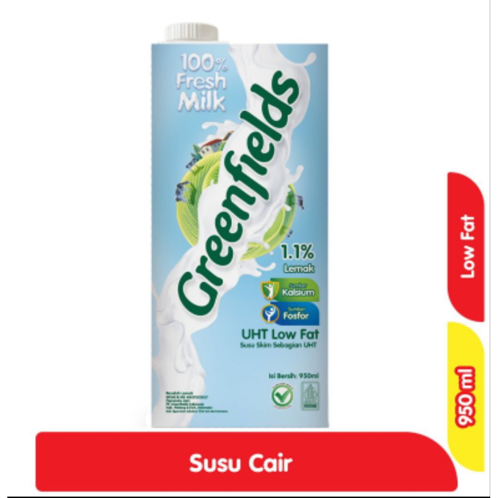 

Greenfields UHT Milk 950ml Low Fat (1dus isi 12pcs) exp 03/26