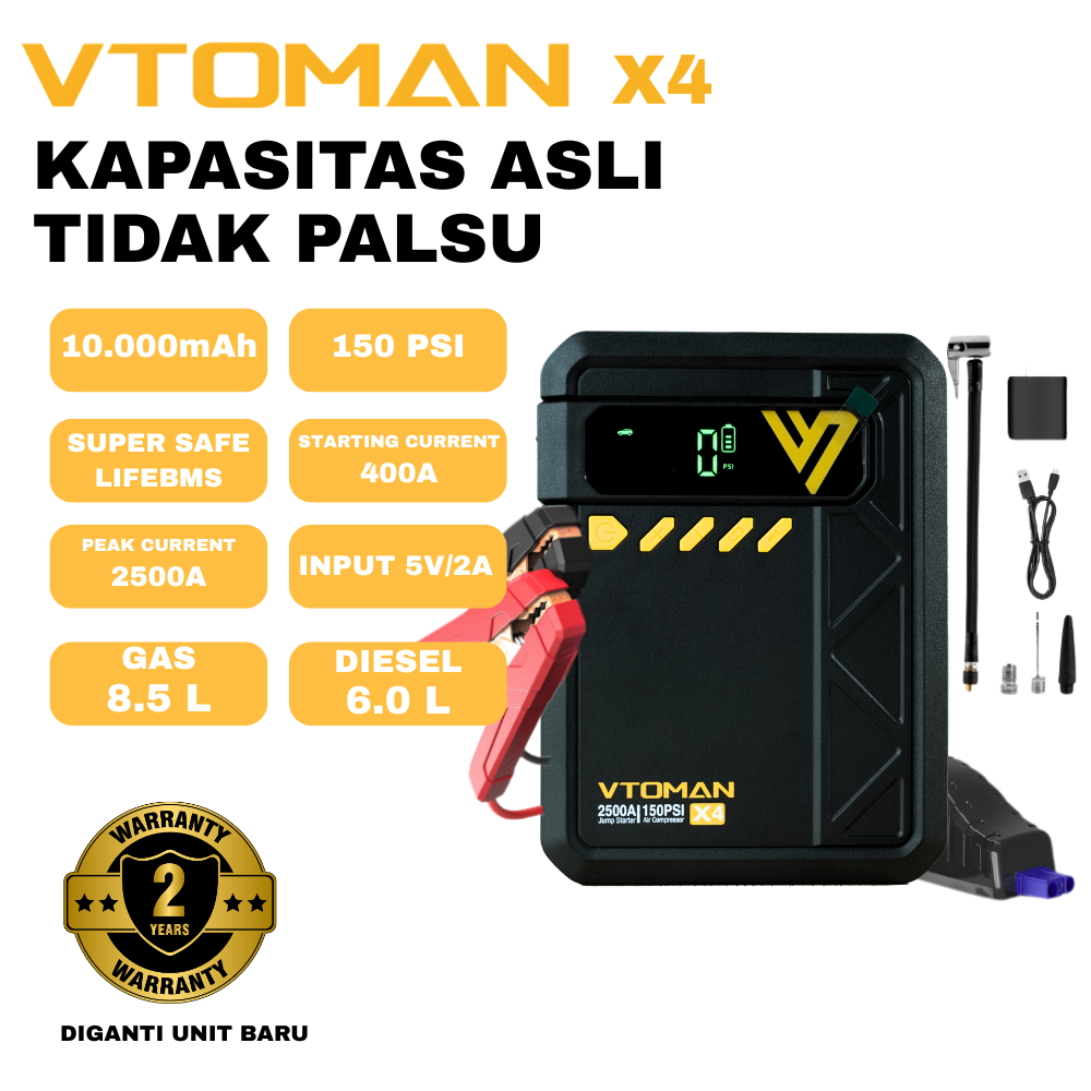 KOLAHA_KASIMAN - VTOMAN X4 JUMP STARTER MOBIL 10000MAH + POMPA BAN ELEKTRIK PORTABLE
