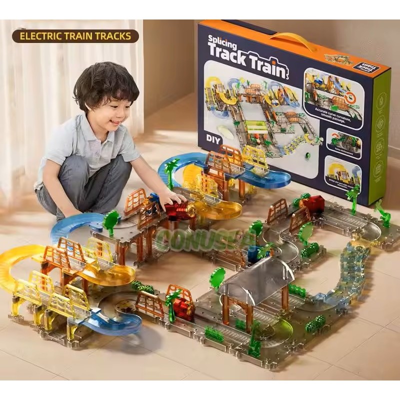 Mainan Edukatif Kereta Api Listrik - Mainan Kereta Listrik Transparan dengan Jalur Bongkar Pasang - 