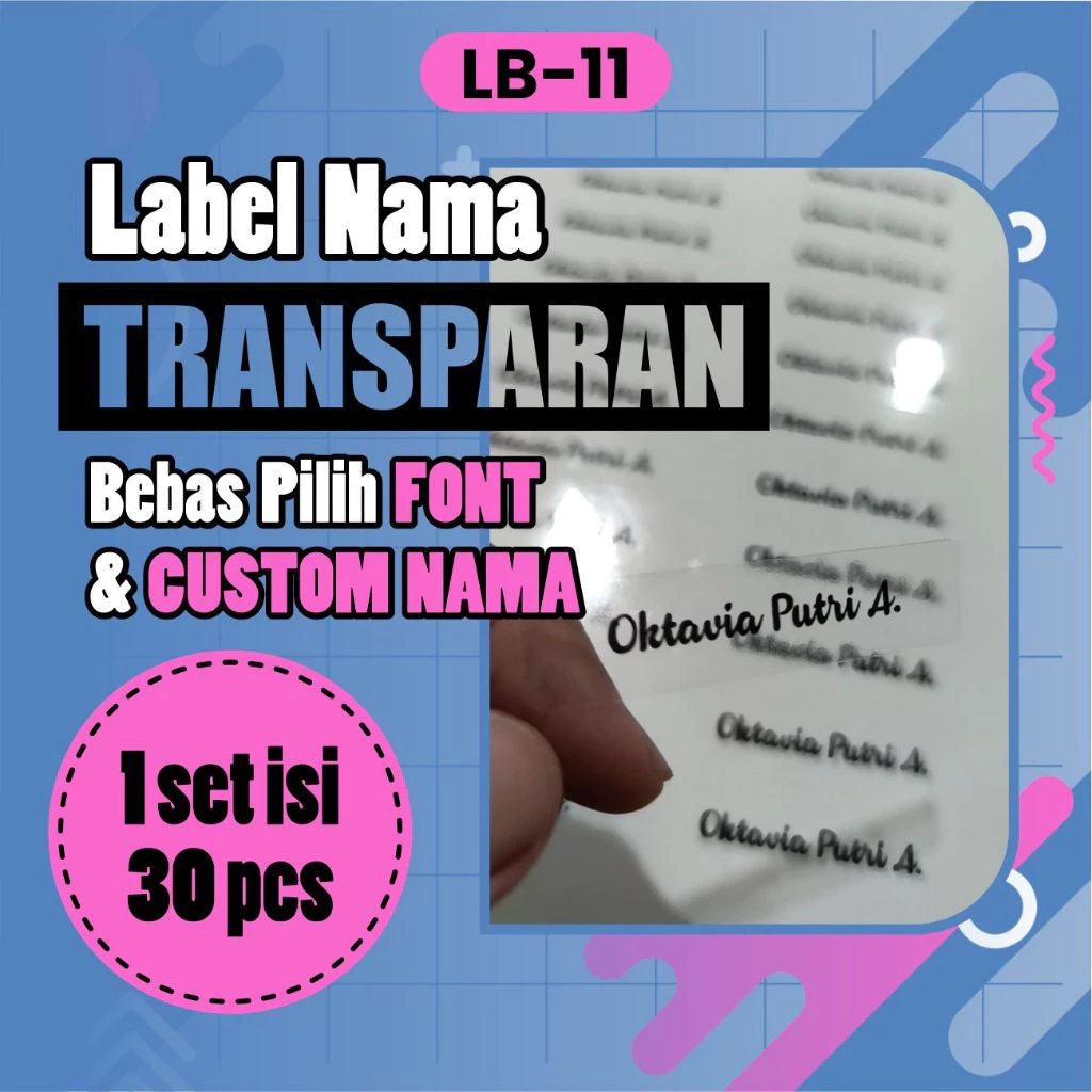 

LB11 Sticker Nama Transparan Vinyl Anti Basah Label Sticker Anak Stiker Buku Isi 30pcs Custom Nama / Keren
