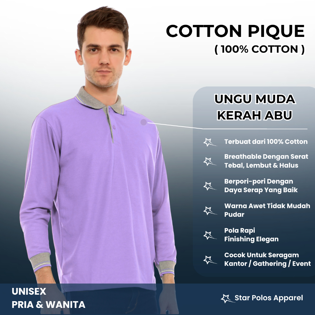 Kaos kerah 100%  katun bahan adem pria wanita lengan panjang UNGU MUDA/ NILA/ LILAC