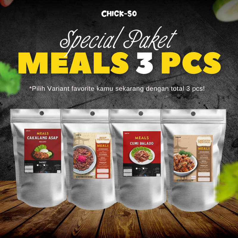 

PAKET 3 MEALS - Chickso Meals Cumi Balado,Cakalang Asap Balado,Chicken teriyaki Frozen,Beef Teriyaki Frozen
